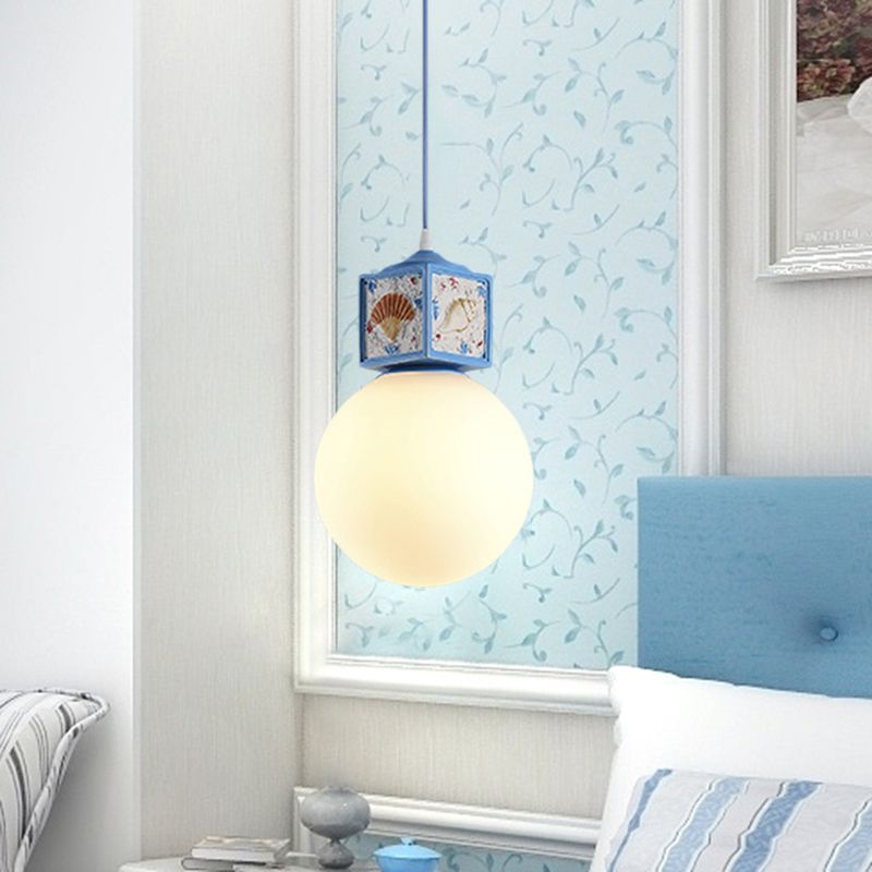 Orb Opal Glass Hanging Light Nordic 1 Head Sky/Water Blue Cube Ceiling Pendant Lamp for Kids Bedside