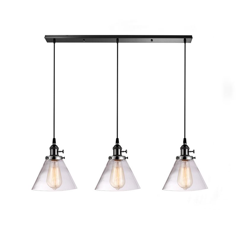 3 Heads Cluster Pendant Light Warehouse Cone Clear Glass Down Lighting for Dining Room