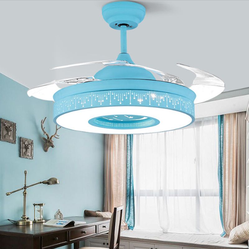 14"/16.5" W Modern LED Fan Lighting Pink/Blue/Green Drum 4 Blades Semi Flush Light with Acrylic Shade, Remote Control