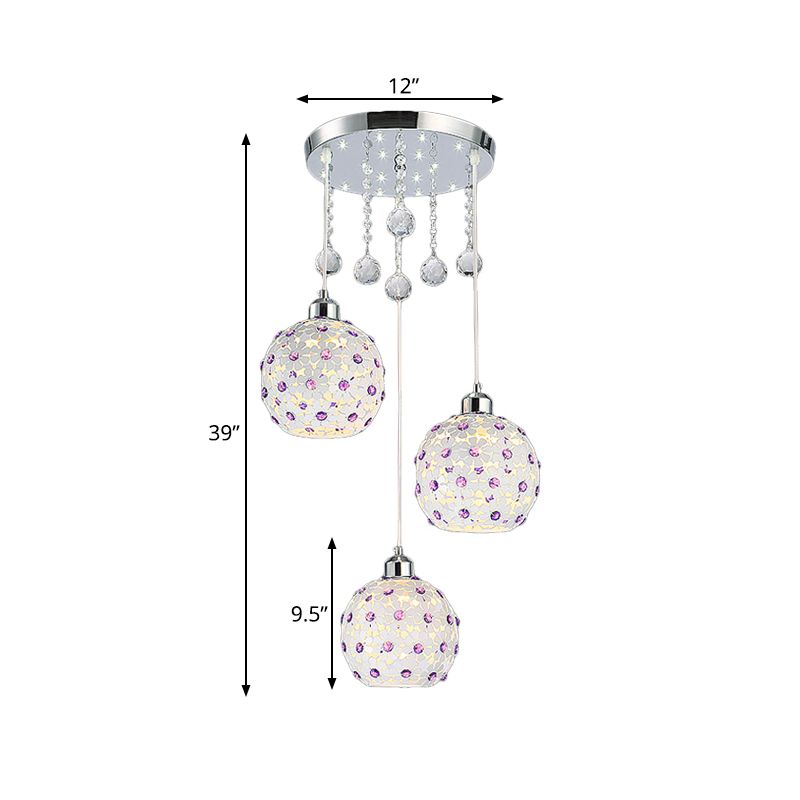 Sphere Multi-Pendant Modern Iron 3 LIXS BLANC FINE FINE PLAFIER PLAQUE ALIMENTATION AVEC DÉCOR DE PIRES DE CRISTAL PURPLE