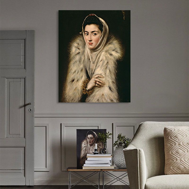 Women in Fur Painting White Canvas Wall Art Decor Textured, Multiple Sizes Options