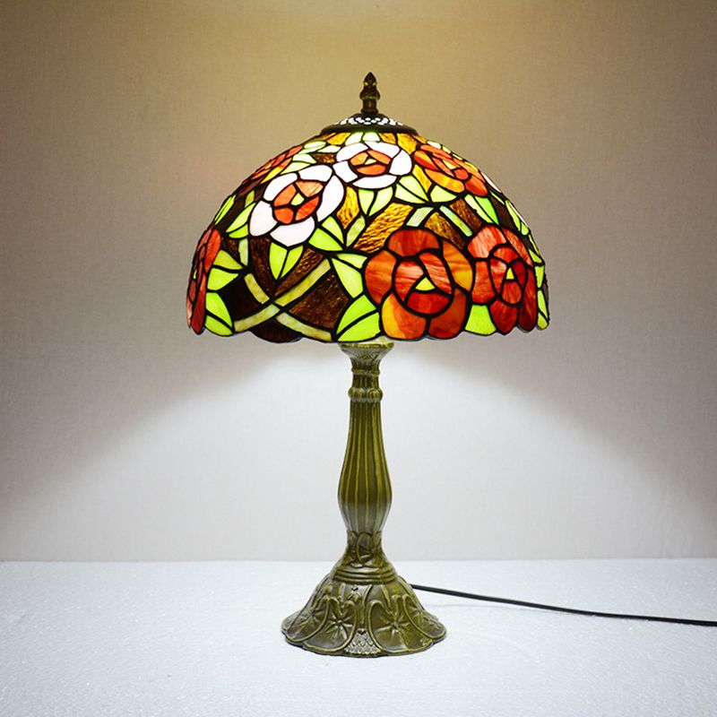 Victorian Style Flower Table Lamp 1 Head Red/Orange Stained Glass Nightstand Light for Bedroom