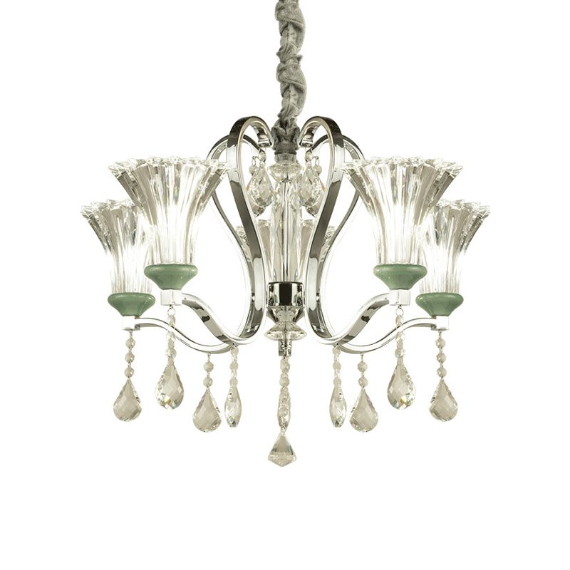 5 Bulbs Bell Shade Chandelier Lighting Modern Stylish Glass and Crystal Pendant Lighting in Green Finish