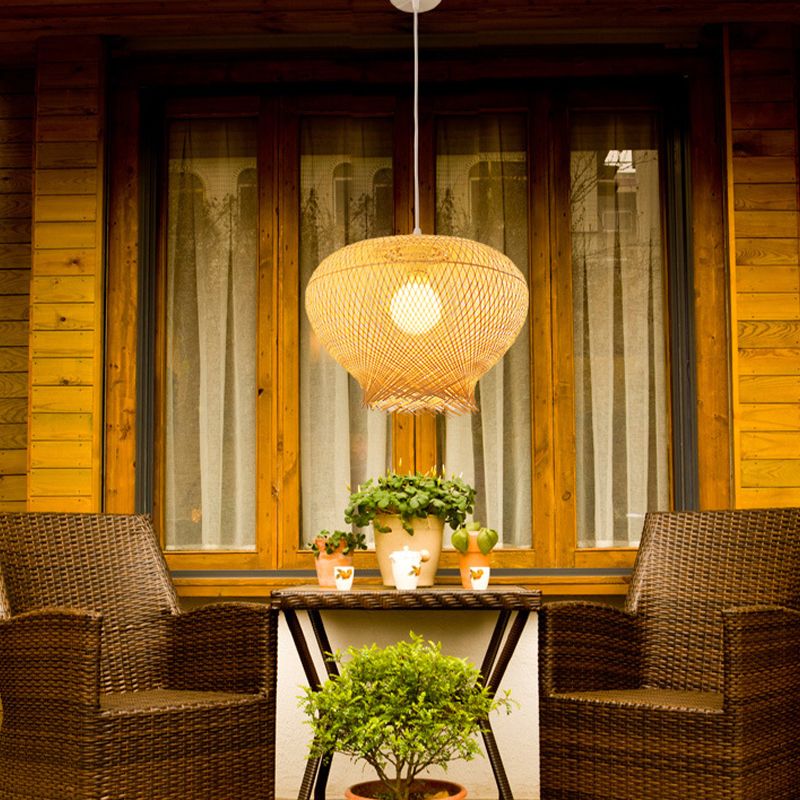 Bamboo Woven Ceiling Lamp Modern 1 Bulb Hanging Pendant Light in Wood for Living Room