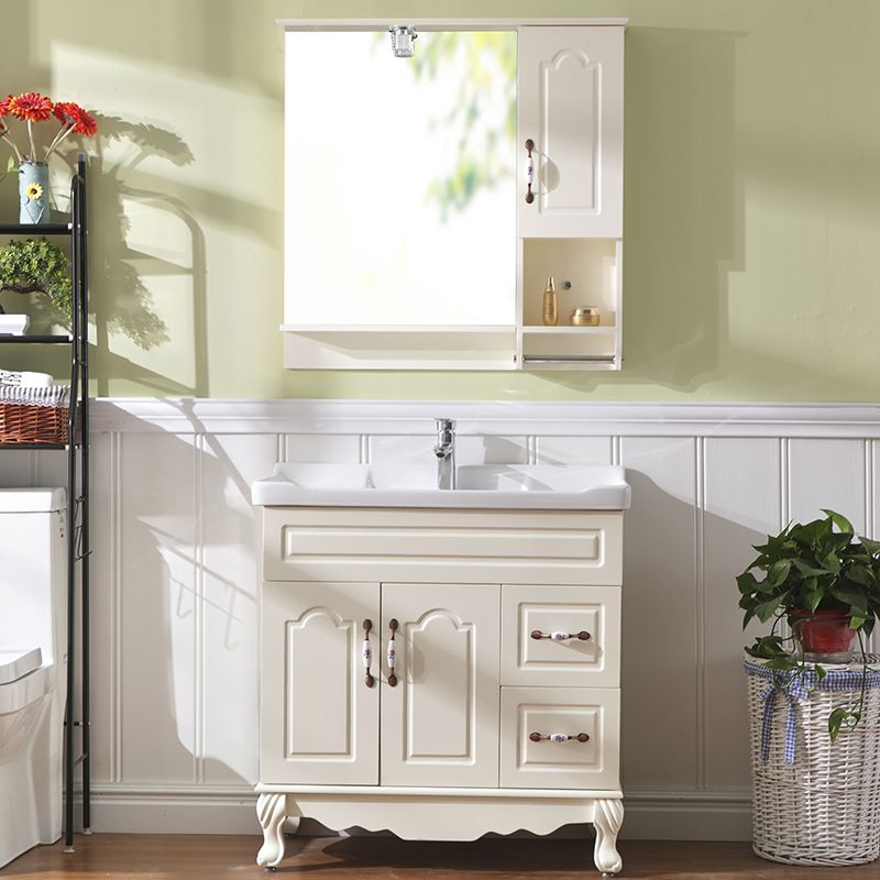 Freestanding Bathroom Vanity Single Sink White Mirror 2 Doors Vanity with Drawers