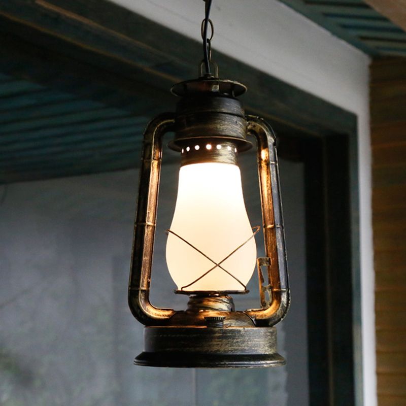 Antique Lantern Kerosene Light 1-Light Frosted Glass Hanging Light Fixture for Bedside