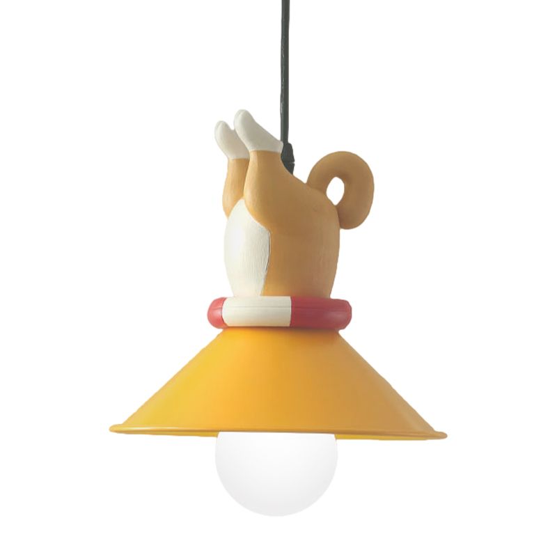 Yellow Animals Hanging Lamp Kit Cartoon Single Bulb Resin Pendant Lighting with Conic Shade