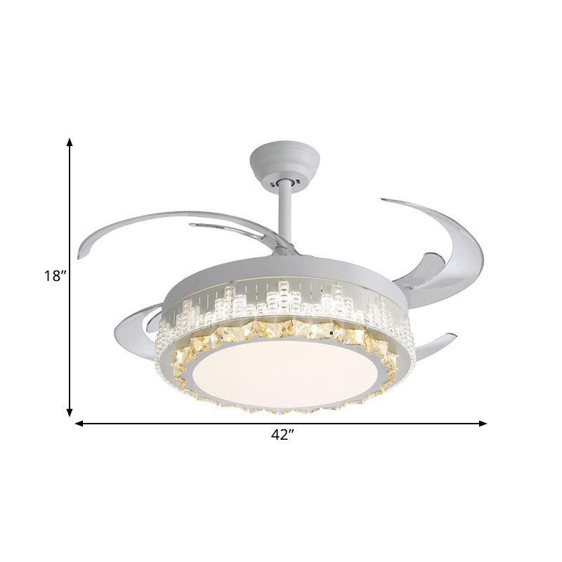 4 Blades LED Pendant Fan Lamp Contemporary Circular Clear Crystal Blocks Semi Flush Mount, 19" Width