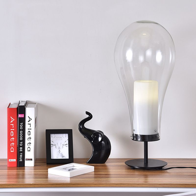 Bulb-Shape Small Desk Light Simple Style Clear Glass Single Black Table Lamp for Bedroom