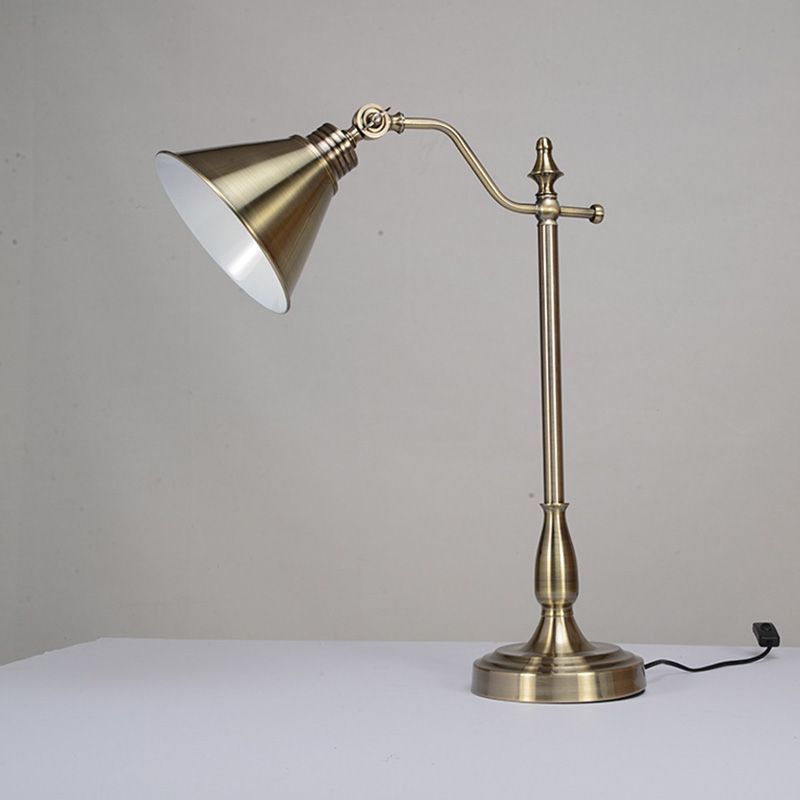 Gold Finish LED Desk Light Farmhouse Metallic Conical Night Table Lamp with Plug In Cord