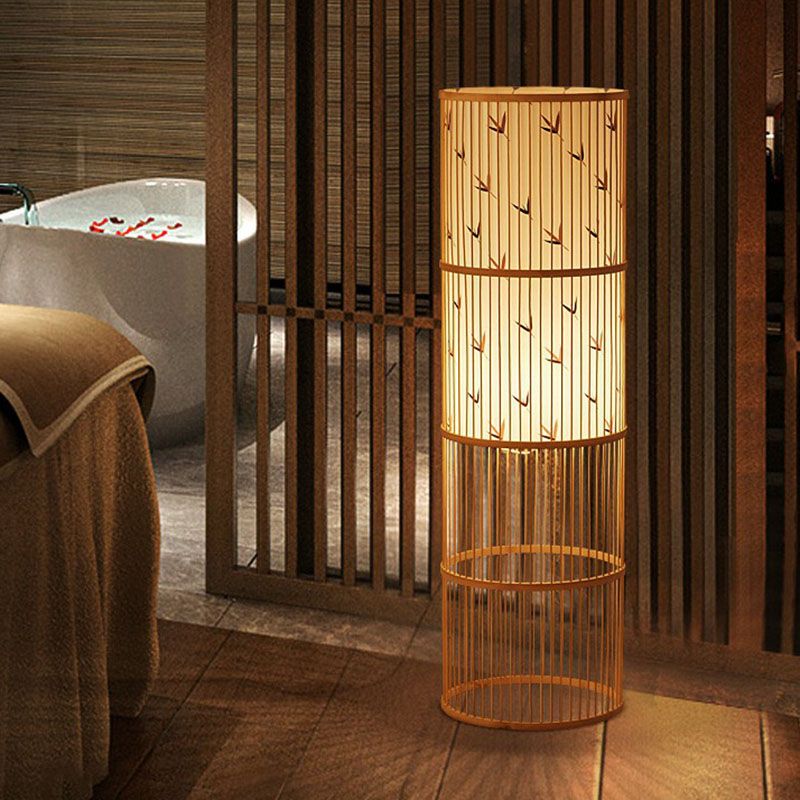 Contemporary Cylindrical Floor Lamp Bamboo Single Living Room Standing Lighting in Wood