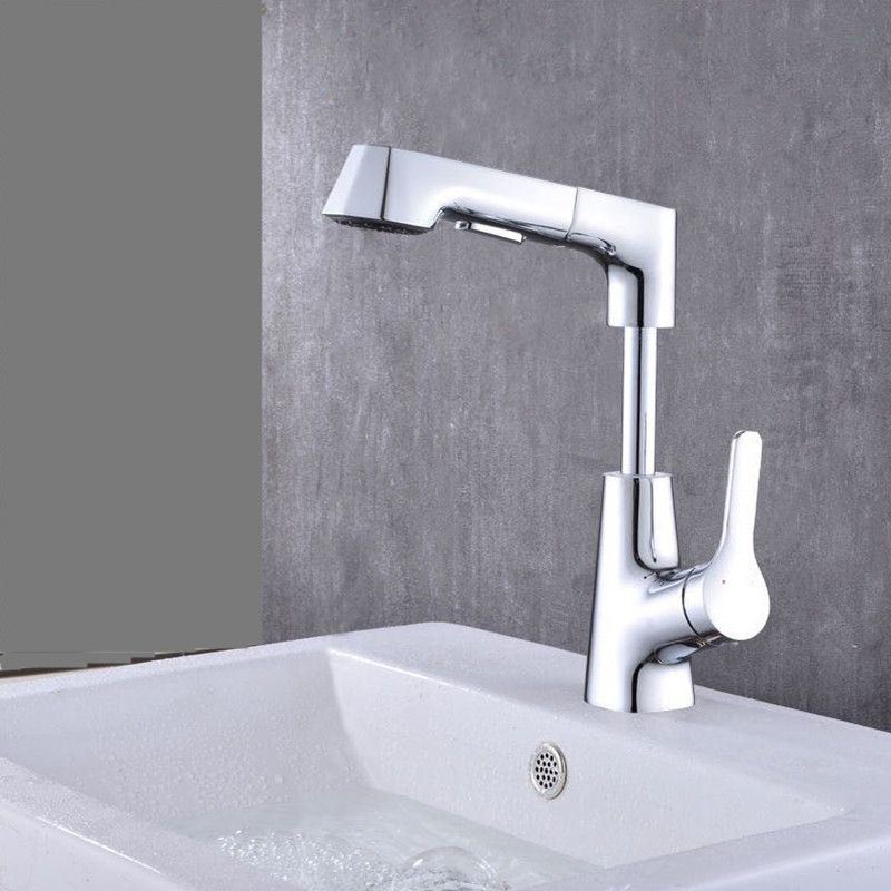 Modern Vessel Sink Faucet Copper Single Handle Retractable Low Arc Vessel Faucet