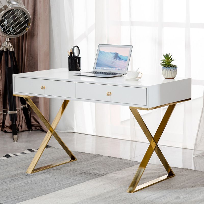 Trestle Glam Office Desk with 2 Storage Drawers Writing Desk for Bedroom