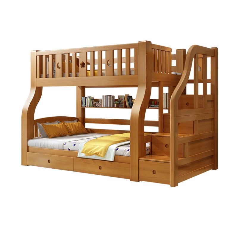 Walnut Standard Bunk Bed with Twin Trundle Solid Wood High Bunk Bed