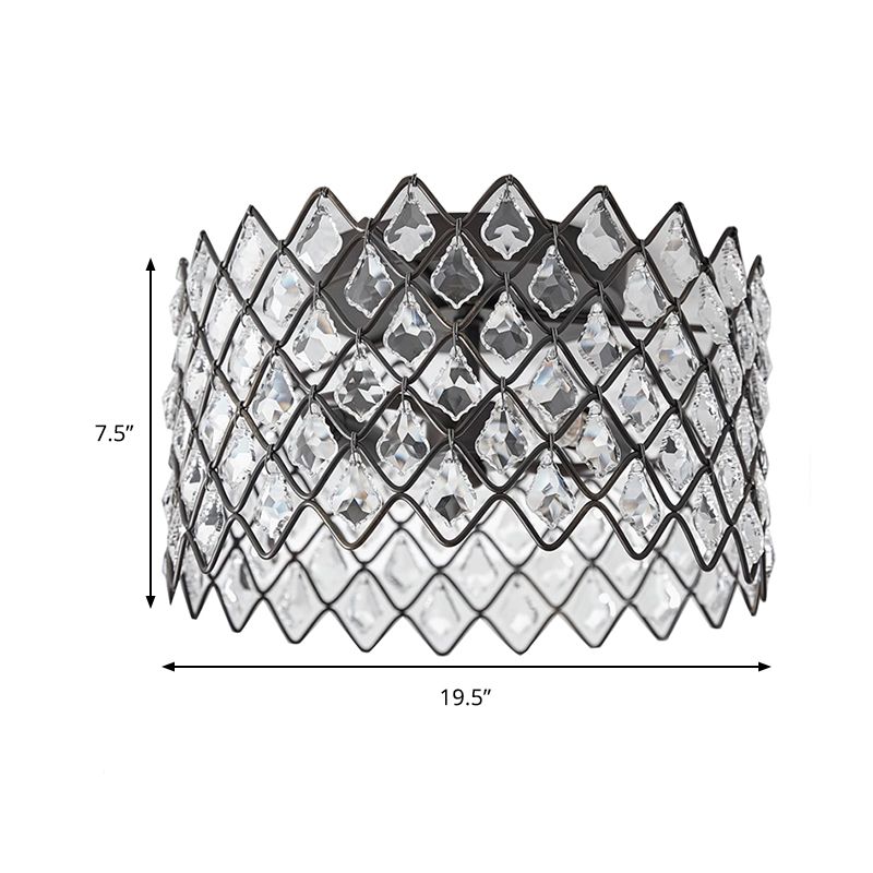 Semi-plafonnier tambour en métal avec décoration en cristal, éclairage de plafond intérieur contemporain 3/5 lumières 13"/19,5" W en noir