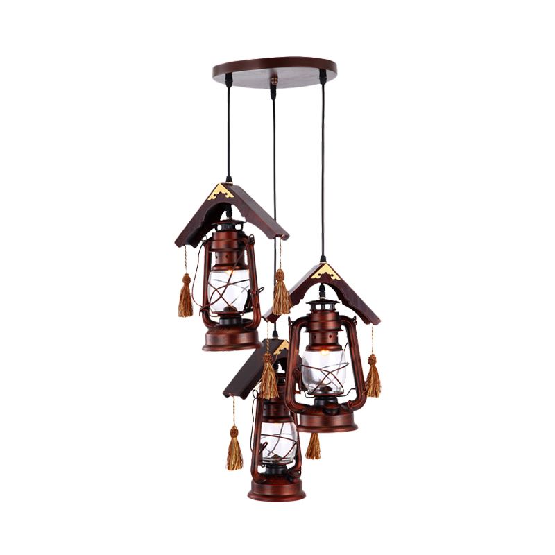 3 lumières en verre transparent pendentif rétro en cuivre rétro en cuivre kérosène salon suspendu avec toit en bois déco