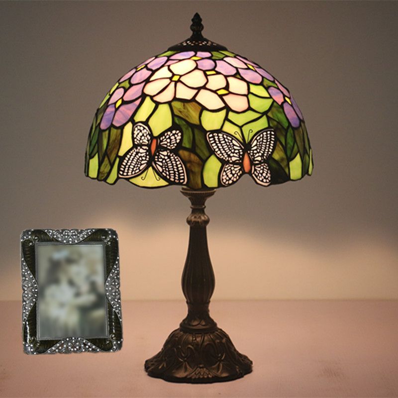 Butterfly and Petal Nightstand Lamp 1 Light Hand Cut Glass Mediterranean Table Lighting in Green with Dome Shade