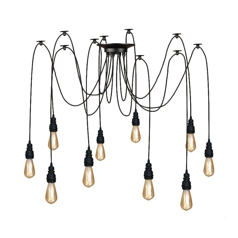 Industrial Style Swag Hanging Lamp 2/3 Heads Metal Pendant Ceiling Light with Exposed Bulb in Black Finish