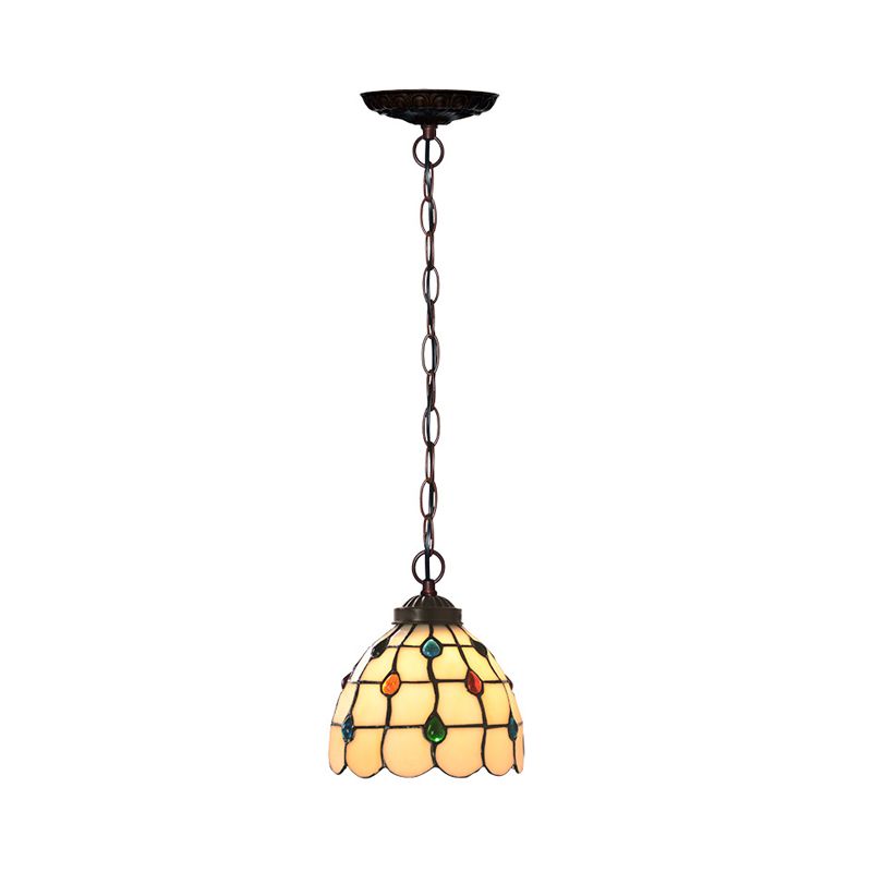 White Glass Copper Suspension Light Lattice Dome 1 Light Victorian Hanging Lamp Kit with Gem Pattern