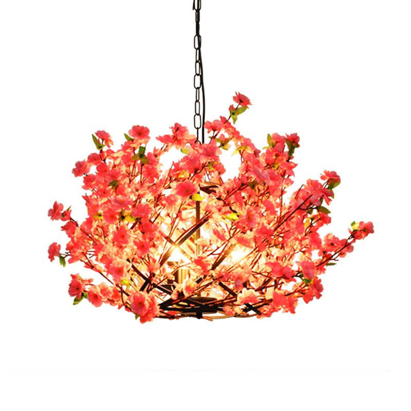 Industrial Peach Blossom Chandelier Light 3 Lights LED Metal Pendant Lamp in Pink for Restaurant