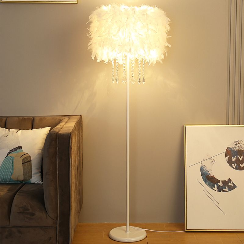 Trommelvloer Licht Licht Simplicity Feather 1-Licht Wit Goaneneck/Straight Stand Up Lamp met/zonder kristal draperen