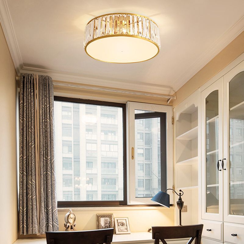 Drum Shade Flush Mount Gold Ceiling Light Fixture with Crystal for Bedroom