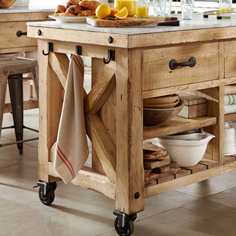 Modern Rectangle Kitchen Cart with Pine Wood Base and 2 Drawers