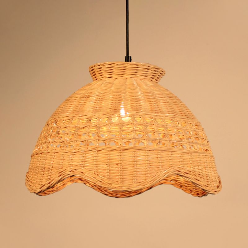 Domed Ceiling Pendant Modern Bamboo 1 Bulb Dining Table Suspended Lighting Fixture with Scalloped Edge