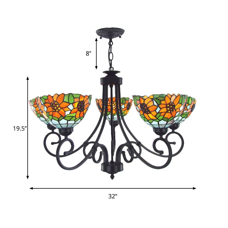 Rustiek zonnebloem kroonluchter licht met kom schaduw glas in lood 5 lichten hanglamp in oranje