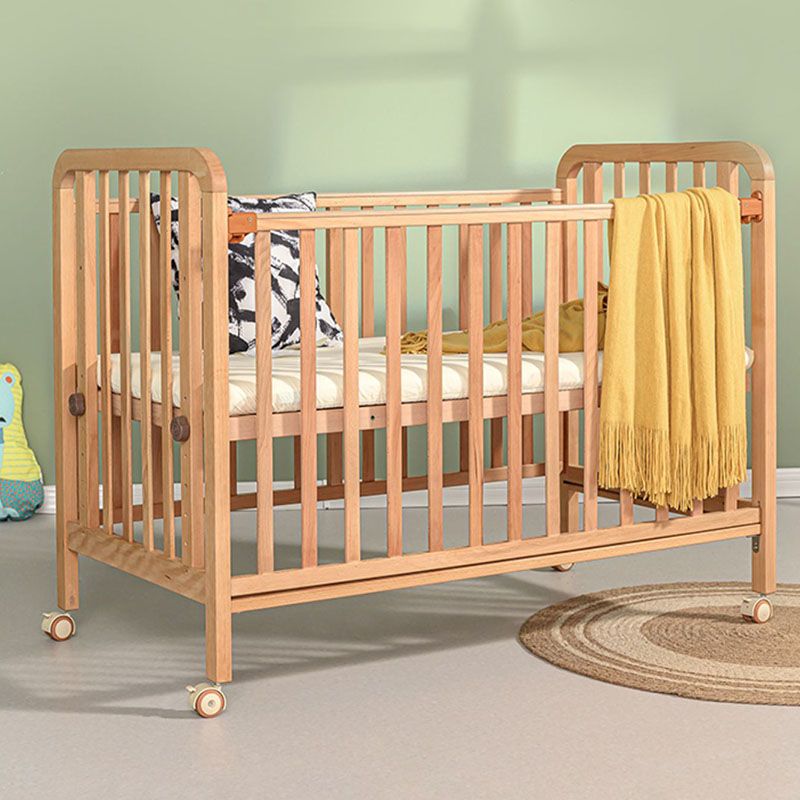 Light Wood Baby Crib Toddler Guard Rails Included Nursery Bed with Casters