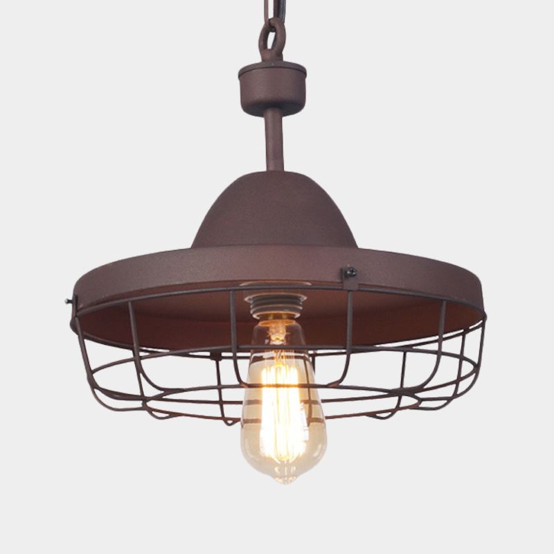 Rust 1 Light Pendant Lighting Antiqued Metal Barn Shade Suspension Lamp with Cage