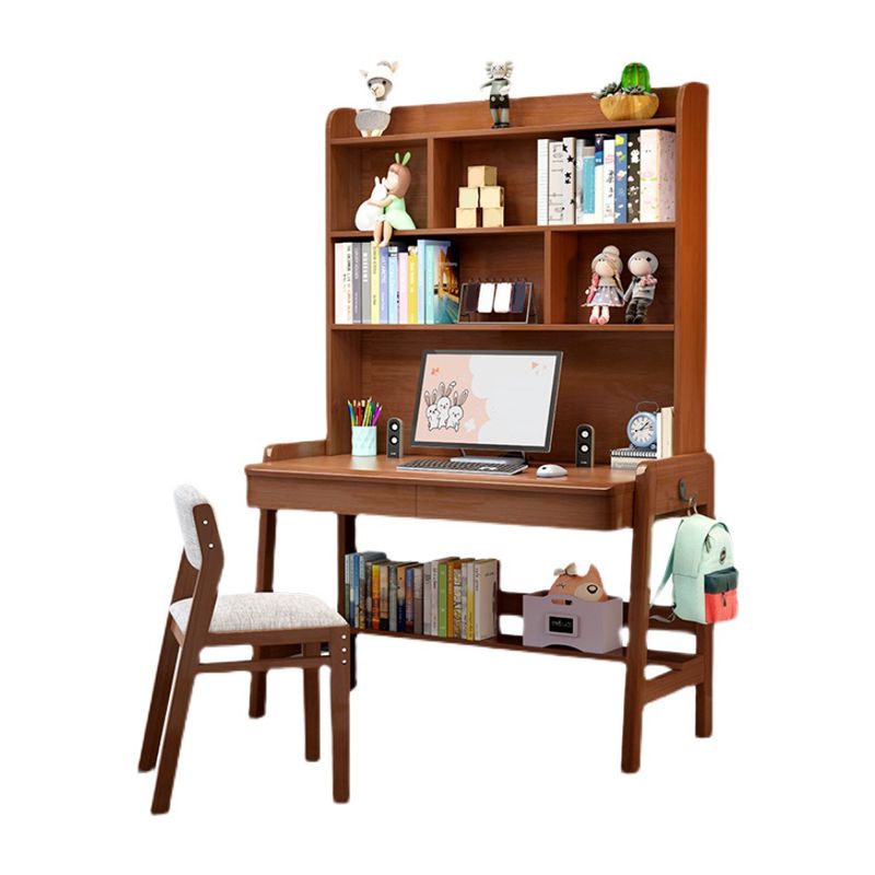 Solid Wood Home Study Desk with Storage Drawer with Bookshelf Adjustable