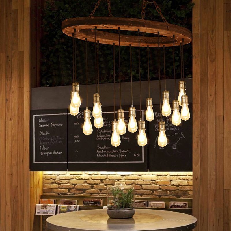 Metal Exposed Bulb Chandelier Lighting Fixture Vintage 15 Lights Restaurant Suspension Lamp with Wood Oval Beam