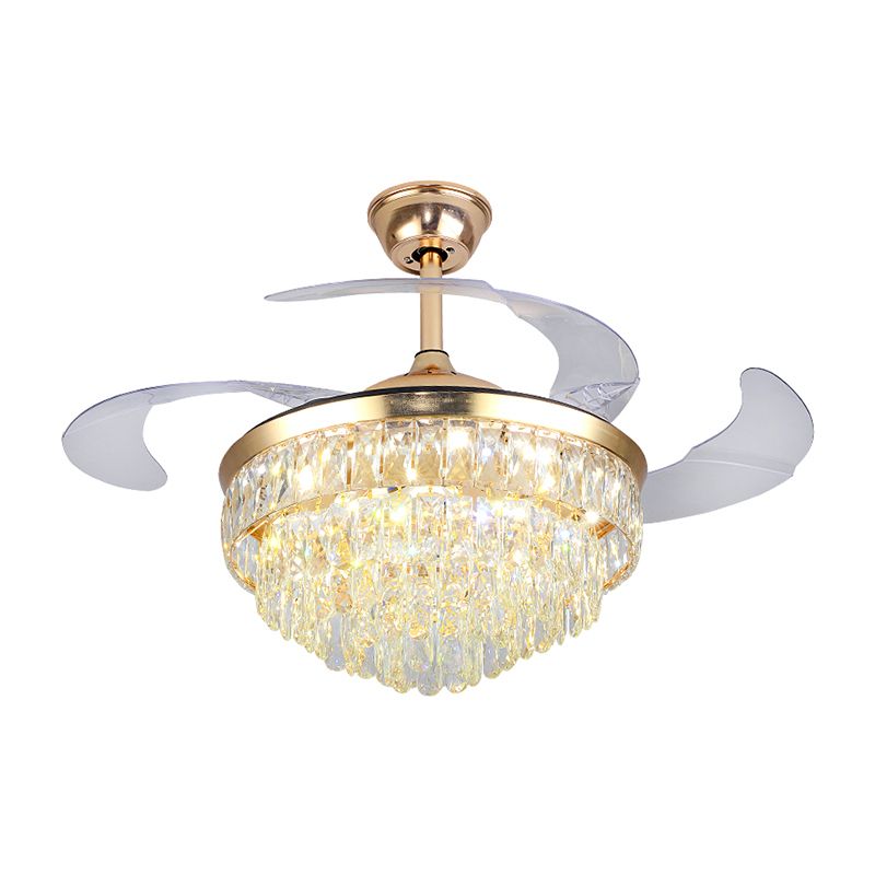 Cascading Ceiling Fan Lighting Simple Crystal Rectangle Great Room 19" W LED Semi Flush in Gold with 4-Blade