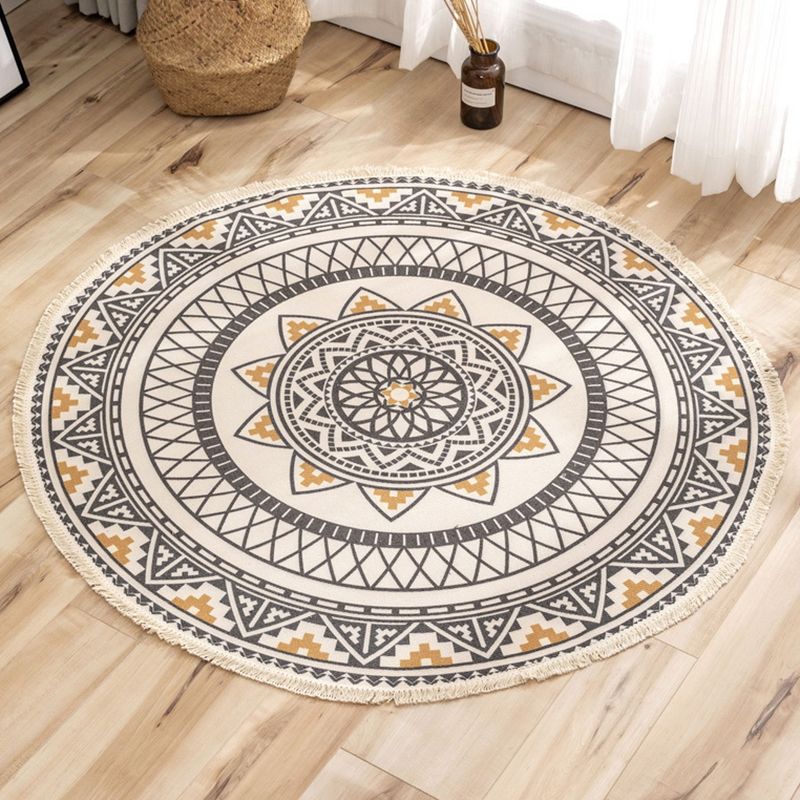 Traditional Moroccan Round Rug Shabby Chic Floral Printed Rug Cotton Blend Stain Resistant Carpet with Fringe for Bedroom