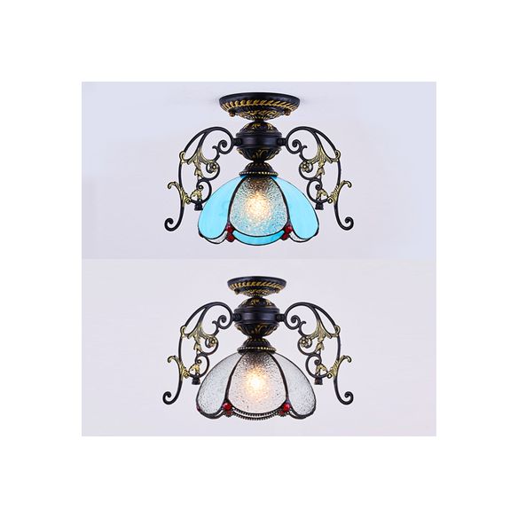 Traditional Petal Ceiling Light with Bowl Shade Stained Glass 1 Light Blue Diamond/Frosted Semi Flush Light in Black/White