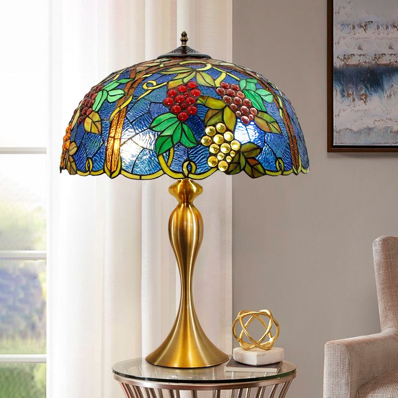 Dome Nightstand Lighting Classic Hand Cut Glass 1 Light Brass Table Lamp with Grapes Pattern