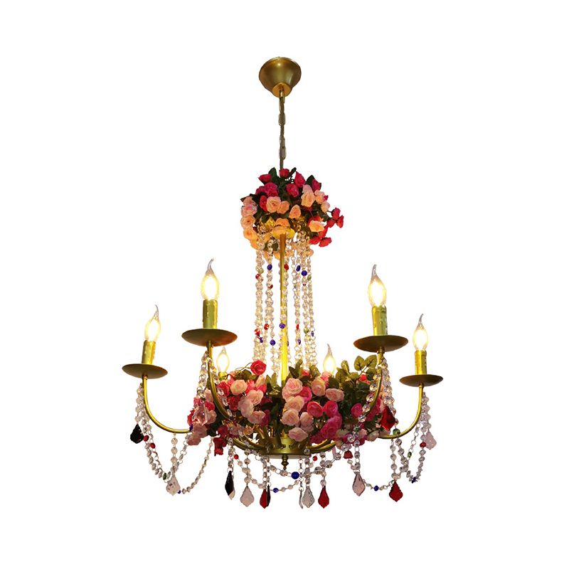 6 Lights Metal Ceiling Chandelier Retro Gold Candle Restaurant LED Flower Down Lighting with Crystal Accent