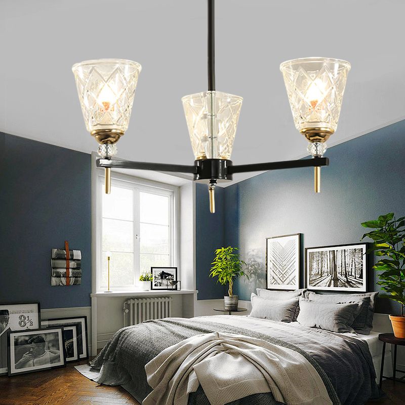 3/6/8 Lights Cone Chandelier Lighting Contemporary Crystal Hanging Ceiling Light in Black for Bedroom