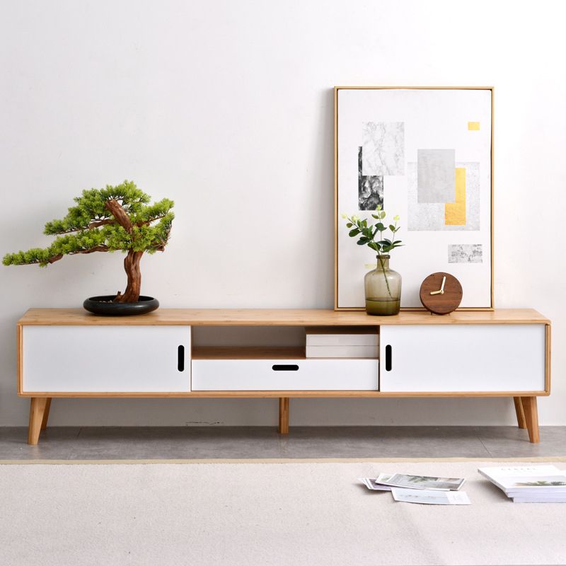 15" H Bamboo TV Stand , 2 Doors And Open Shelf TV Console with Sliding Storage