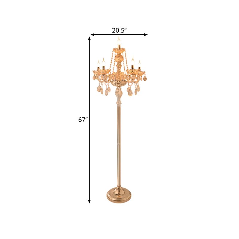 Candlestick Parlor Floor Reading Lamp Traditional Clear Crystal 5/6 Bulbs Gold Standing Light with White Shade