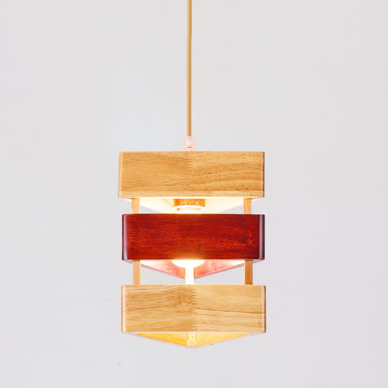 Asian 1 Head Ceiling Lamp Beige Triangular Suspension Pendant Light with Wood Shade