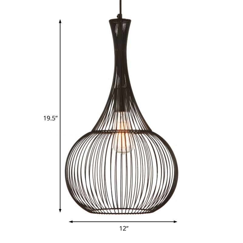 1-Light Teardrop Cage Hanging Pendant Light Industrial Black Iron Ceiling Lighting for Living Room