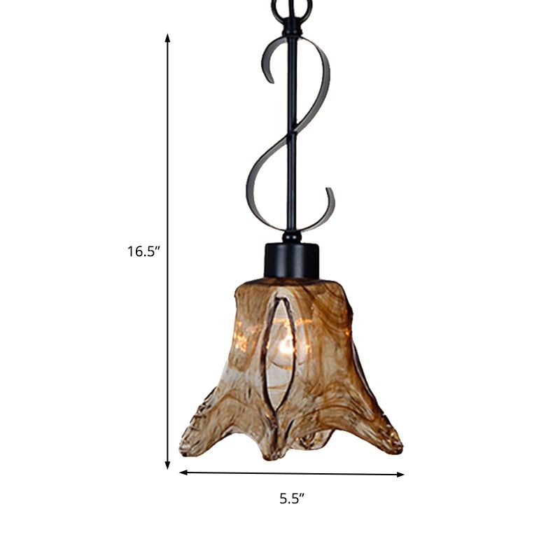 Bloemvorm eetkamer hangende lichtkit traditionele tan getextureerd glas 1 licht zwarte hangers verlichting