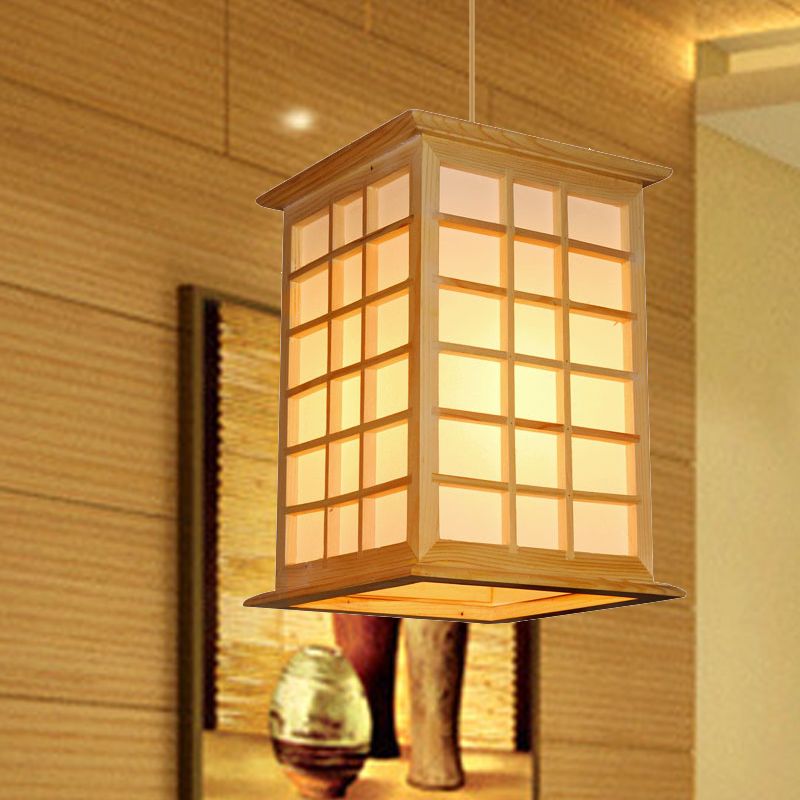 Aziatisch 1 hoofd hanglamp licht beige huis gesuspendeerd verlichtingsarmatuur met houten schaduw
