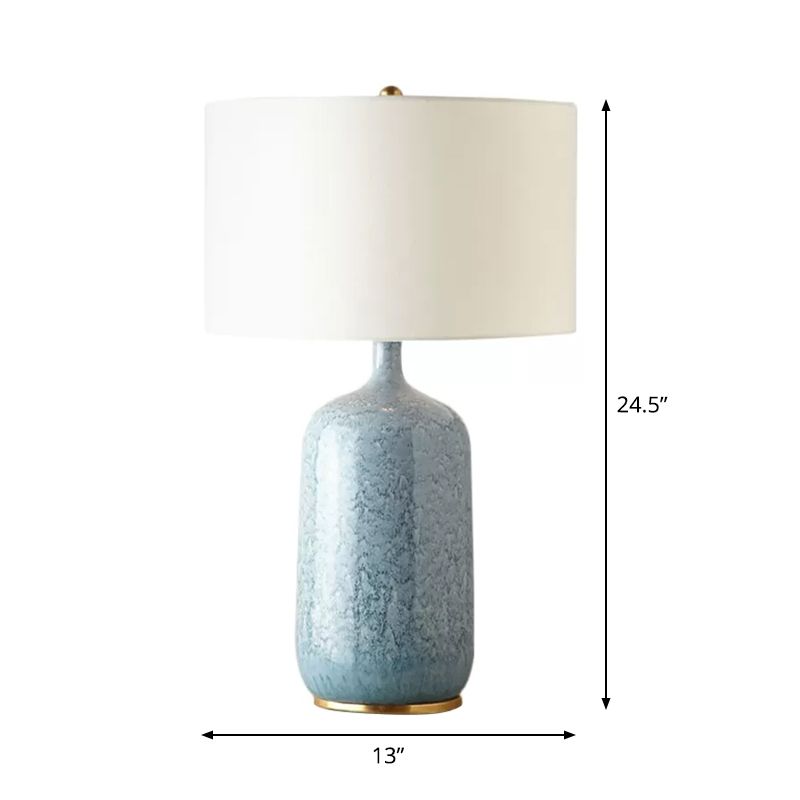 Blue Drum Table Light Minimalistic 1��Bulb Fabric Nightstand Lighting with Ceramic Base