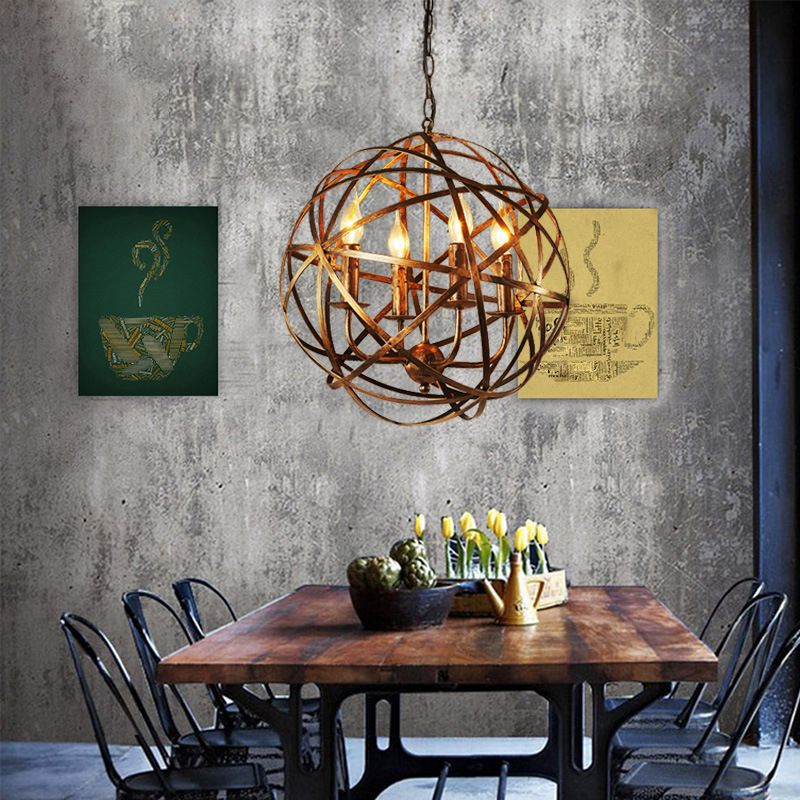 4 Lights Metal Pendant Ceiling Fixture Lamp Rustic with Globe Foyer and Hall Chandelier Lighting