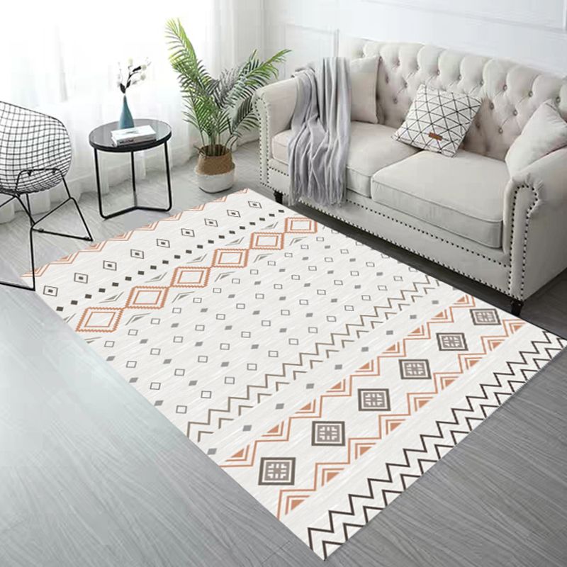 White Tone Living Room Carpet Boho Normatic Tribe Area Rug Polyester with Non-Slip Backing Rug