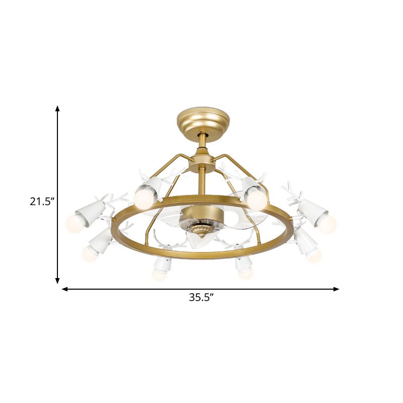 35.5" Wide Tapered Ring Semi Flush Lamp Modernist Acrylic 8-Bulb Gold 3-Blade Pendant Fan Light with Antler Design