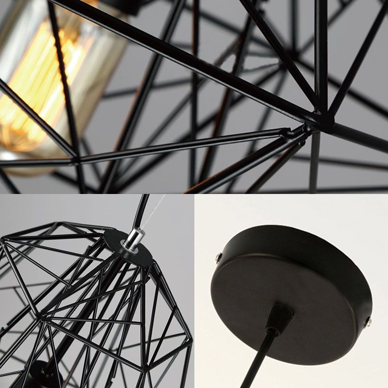 Industrial Cage Diamond Pendant Lighting 1 Head Metallic Hanging Lamp in Black/White for Dining Room, 16"/19.5" Dia